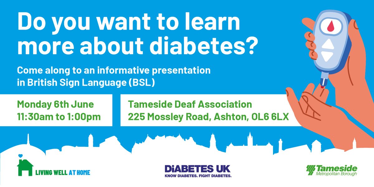 Do you want to learn more about diabetes?

This presentation in British Sign Language at the Tameside Deaf Association will support our deaf community to understand what diabetes is.

For more info please contact
📩kelly.priestley@tameside.gov.uk