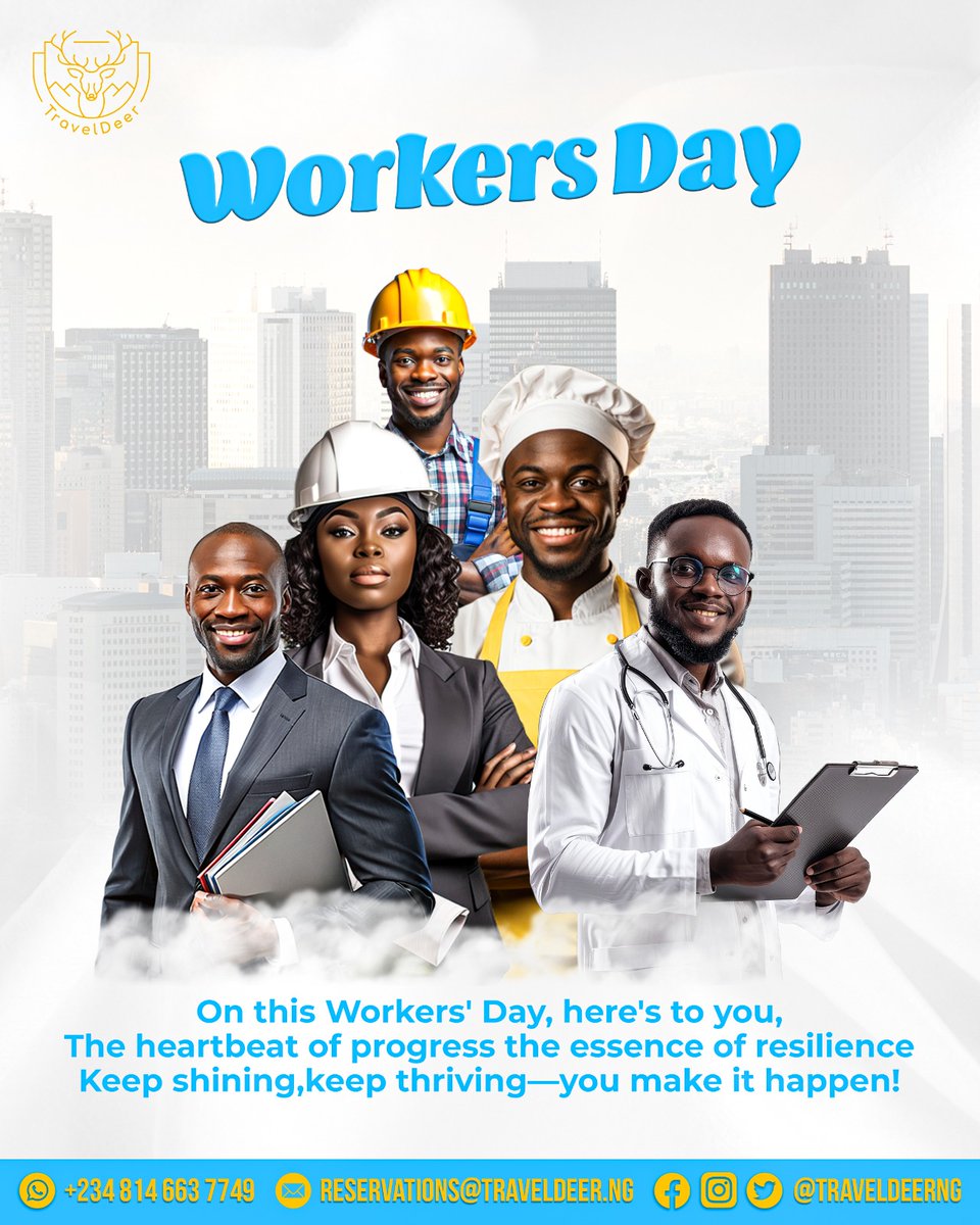 On this  Workers' Day, here's to you, the heartbeat of progress, the essence of  resilience. Keep shining, keep thriving - you make it happen! 💯

#traveldeerng 
#travelexcellence 
#workersday 
#mayfirst