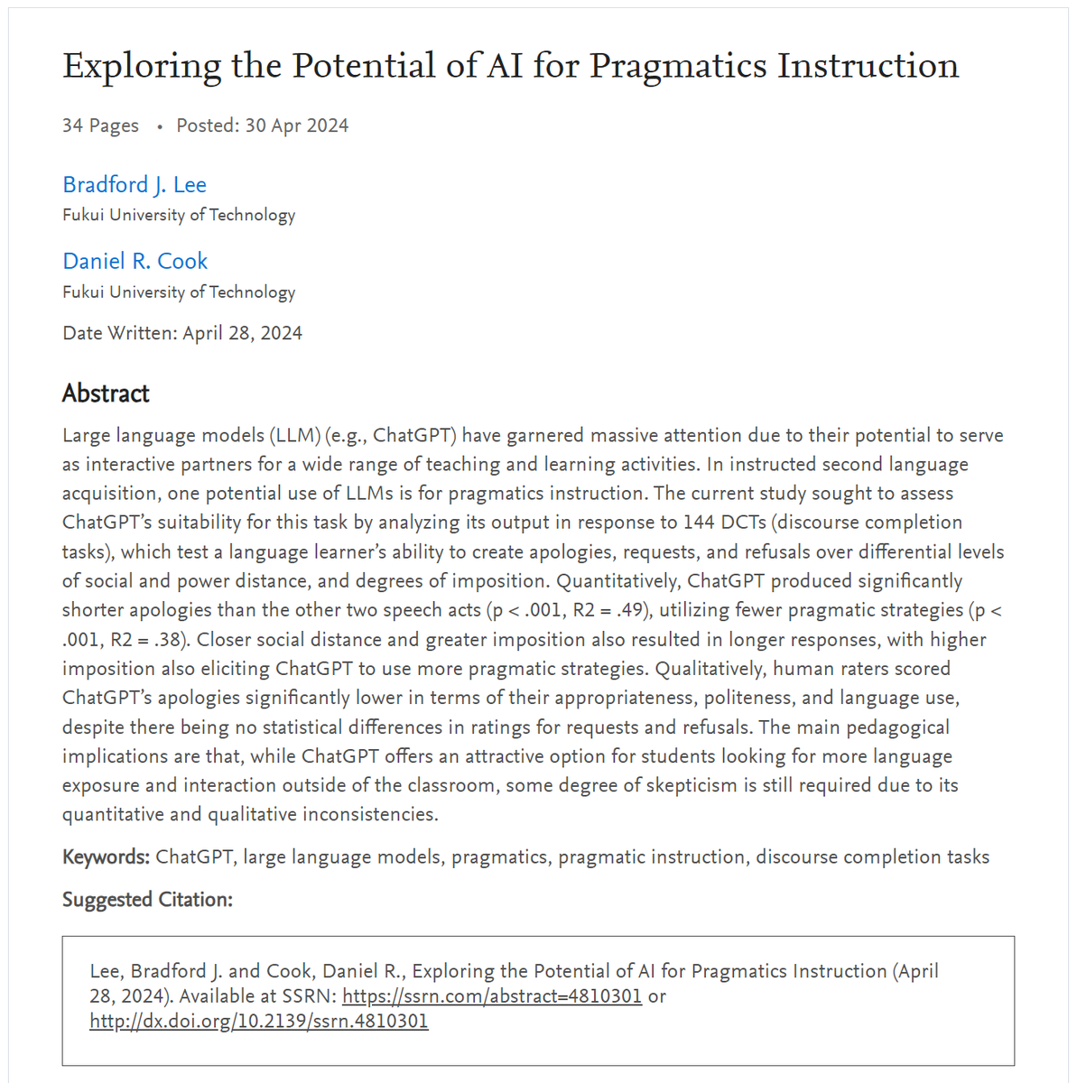 We've been researching the potential for using generative AI tools like #ChatGPT for independent language learning. Long story short, it's better than nothing, but not quite human-like... yet.😉

You can access the (non-peer-reviewed) preprint here: dx.doi.org/10.2139/ssrn.4…