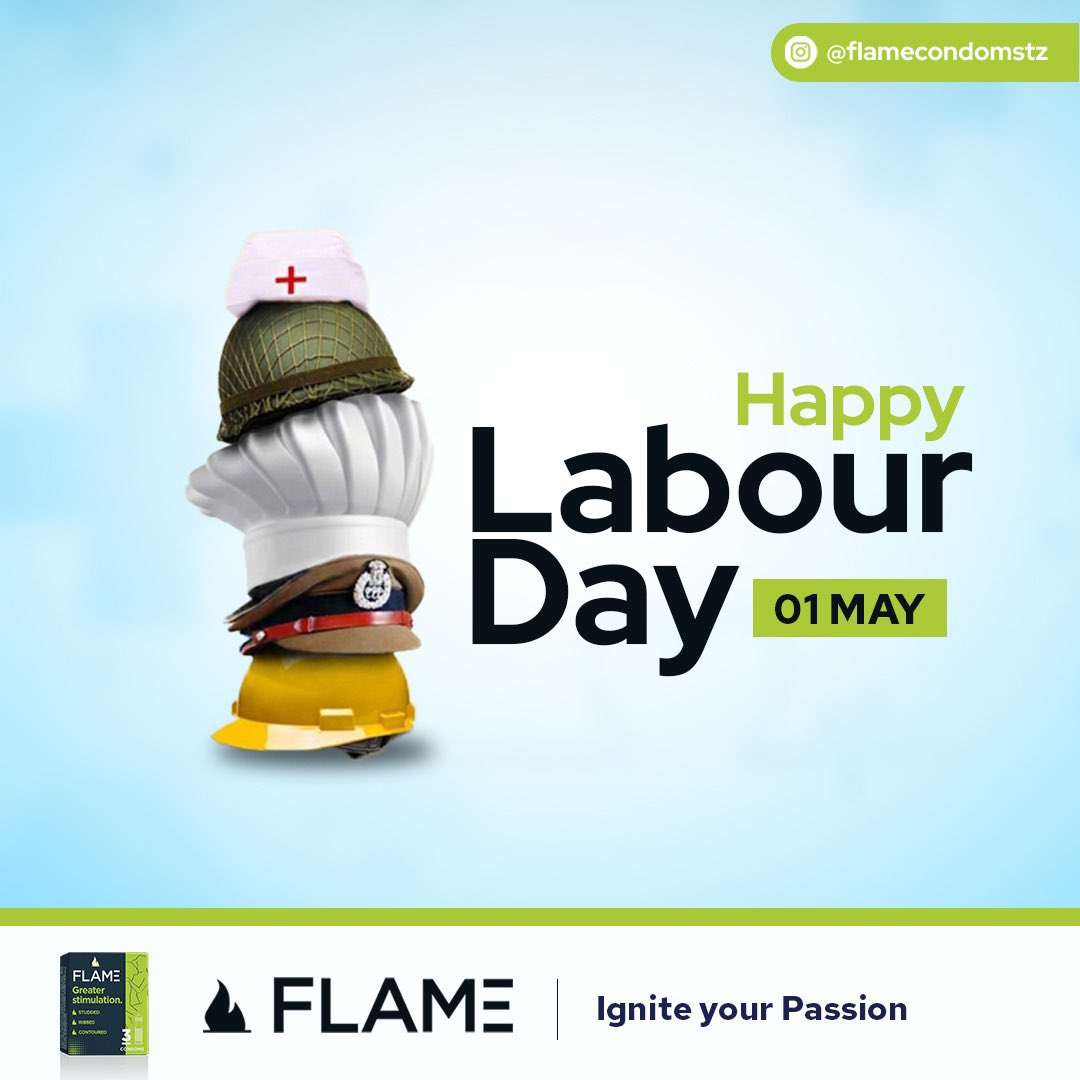 Flame Condom Family wishes all workers around the world a Happy Labour Day.

For advice on Flame products, call us toll-free at 0800753333.

#labourday2024 #flamecondoms #igniteyourpassion #tanzania #workersday2024