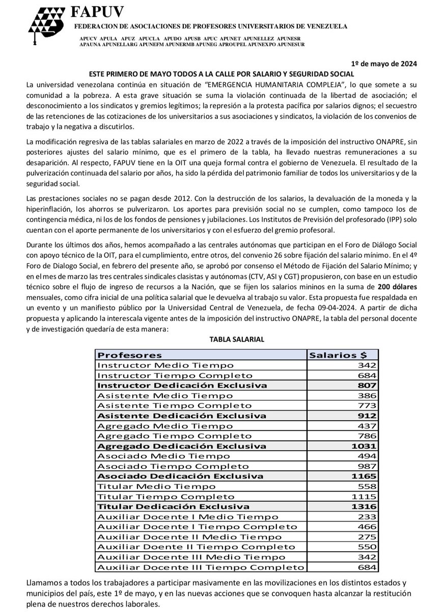 Comunicado de <a href="/FAPUV/">FAPUV</a> por el Día del Trabajador.

#SalariosDignoYa #BonoNoEsSalario