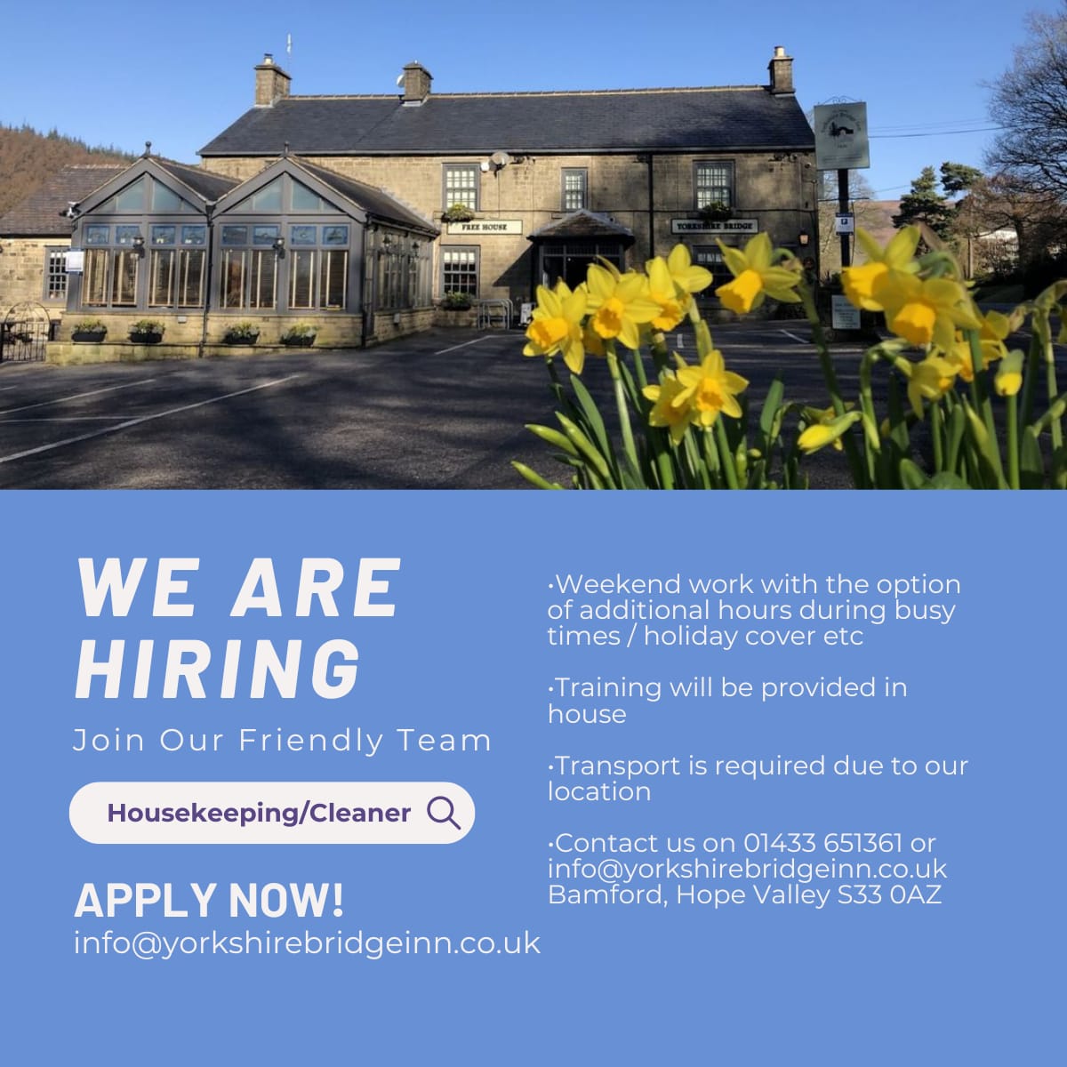 We're hiring! A housekeeping / cleaning position is available.

•Weekend work with the option of additional hours during busy times / holiday cover etc

•Training will be provided in house

•Transport is required due to our location

#bamford #peakdistrict #countrypub #bandb
