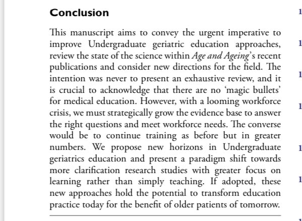 Delighted our @Age_and_Ageing New Horizons article on Geriatric UG Medical education is out! Awesome international collaboration 🇨🇦 🇬🇧 🇦🇺 academic.oup.com/ageing/article… New approaches to #meded research and a switch from teaching to learning focus much needed to upskill tomorrows Drs