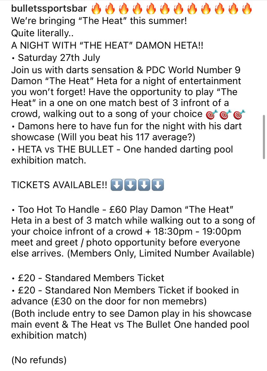 Somerset, I’m coming for you 🔥 Contact Bullets Sports Bar for 🎫 via Facebook or Instagram 📱 #exhibitions #darts #Australian #Aussie #TheHeat #England #UK #pool