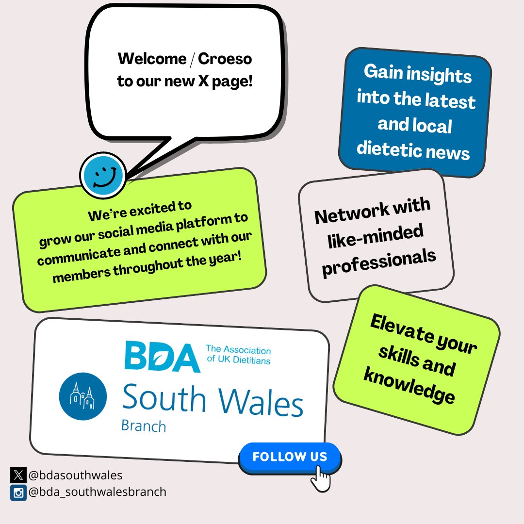 Hello <a href="/BDA_Dietitians/">British Dietetic Association</a> South Wales Branch Members! 👋
We're starting up our new social media channels today!   

➡️Find us - bda.uk.com/specialist-gro…

➡️Join us - We have remaining committee vacancies: bda.uk.com/specialist-gro…

➡️Follow us 💙
