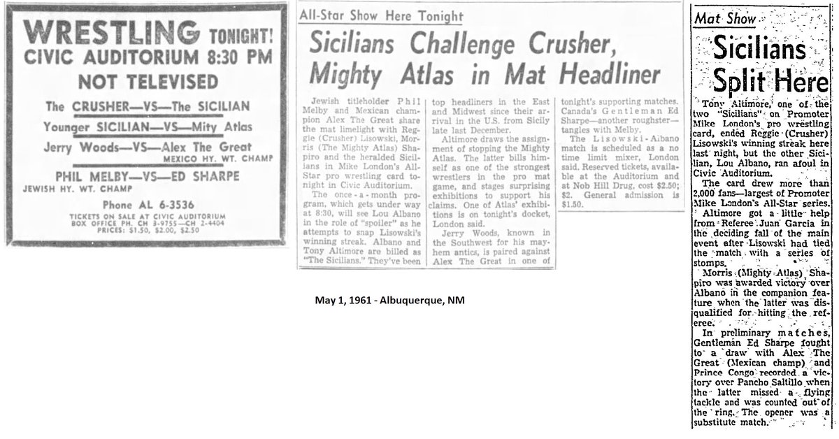 May 1, 1961 - Civic Auditorium, Albuquerque, NM Main Event: The Crusher vs. 'Sicilian' Tony Altomare