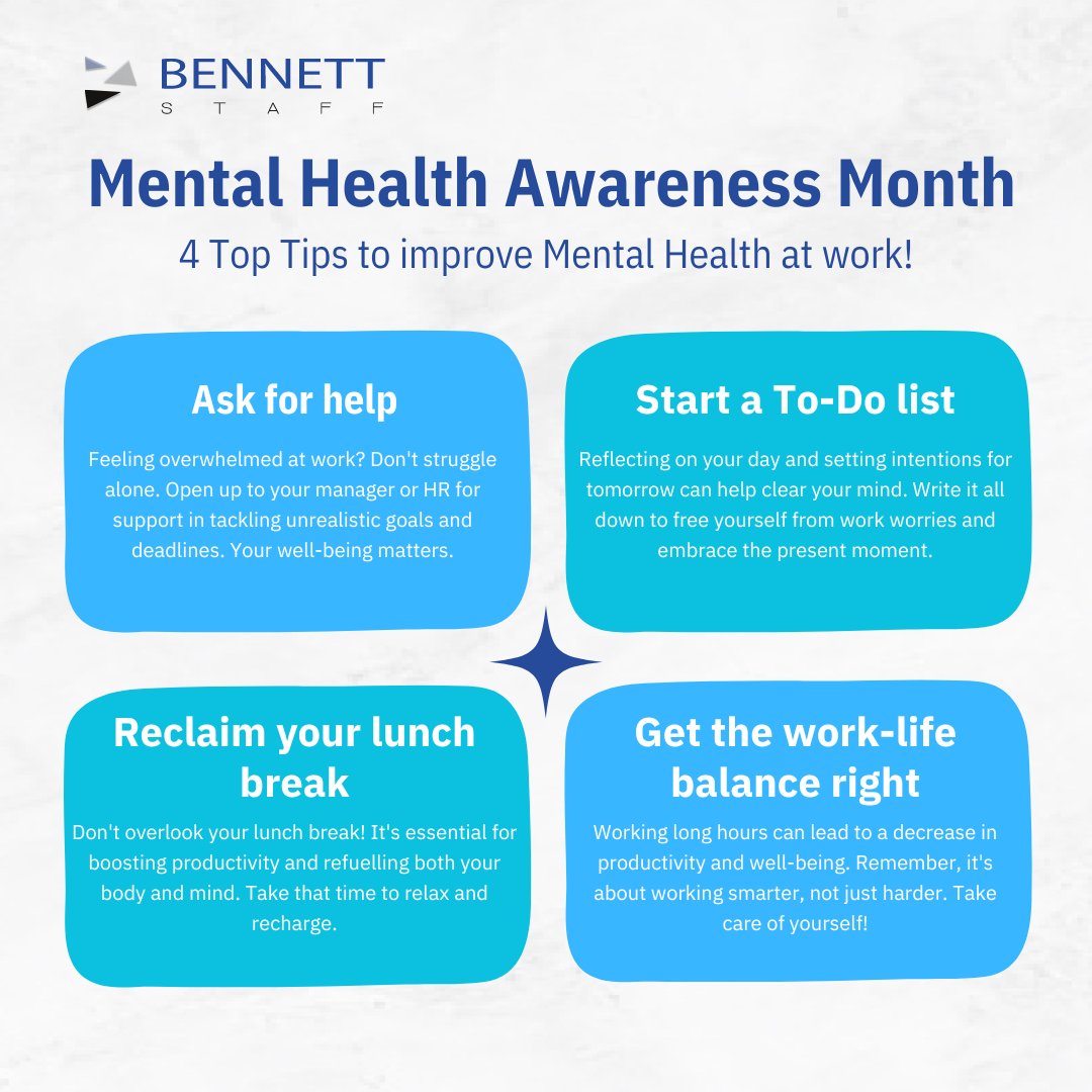 This May, let's prioritise mental health at work. Remember to take breaks, communicate openly, and seek support when needed. Your well-being matters! 💙
#BennettStaff #MentalHealthAwarenessMonth