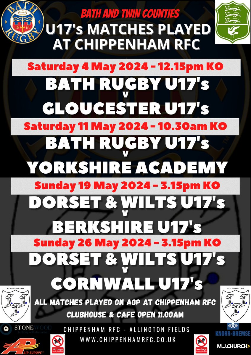 @bathrugbyacad U17's v @gloucesterrugby U17's

Saturday 4 May at @ChippenhamRFC - 12.15pm KO

We look forward to welcoming supporters from both clubs and the Clubhouse will be open from 11.00am

Parking and Entrance - £5.00 per car

#RugbyFamily #Bath