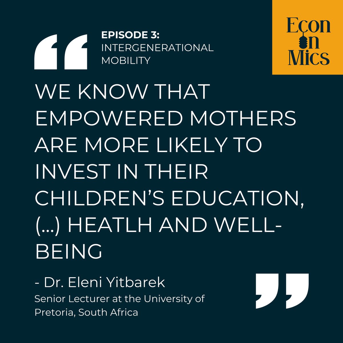 What happens in society when we empower women? On the Econ-on-Mics 🎙️ #podcast, tune in to Dr. Eleni Yitbarek's @EleniABYIT findings from her research! Available on #GooglePodcasts @ApplePodcasts @Spotify: bit.ly/3UE8VKe #EconTwitter @IEA_economics @iea_we @weconpol