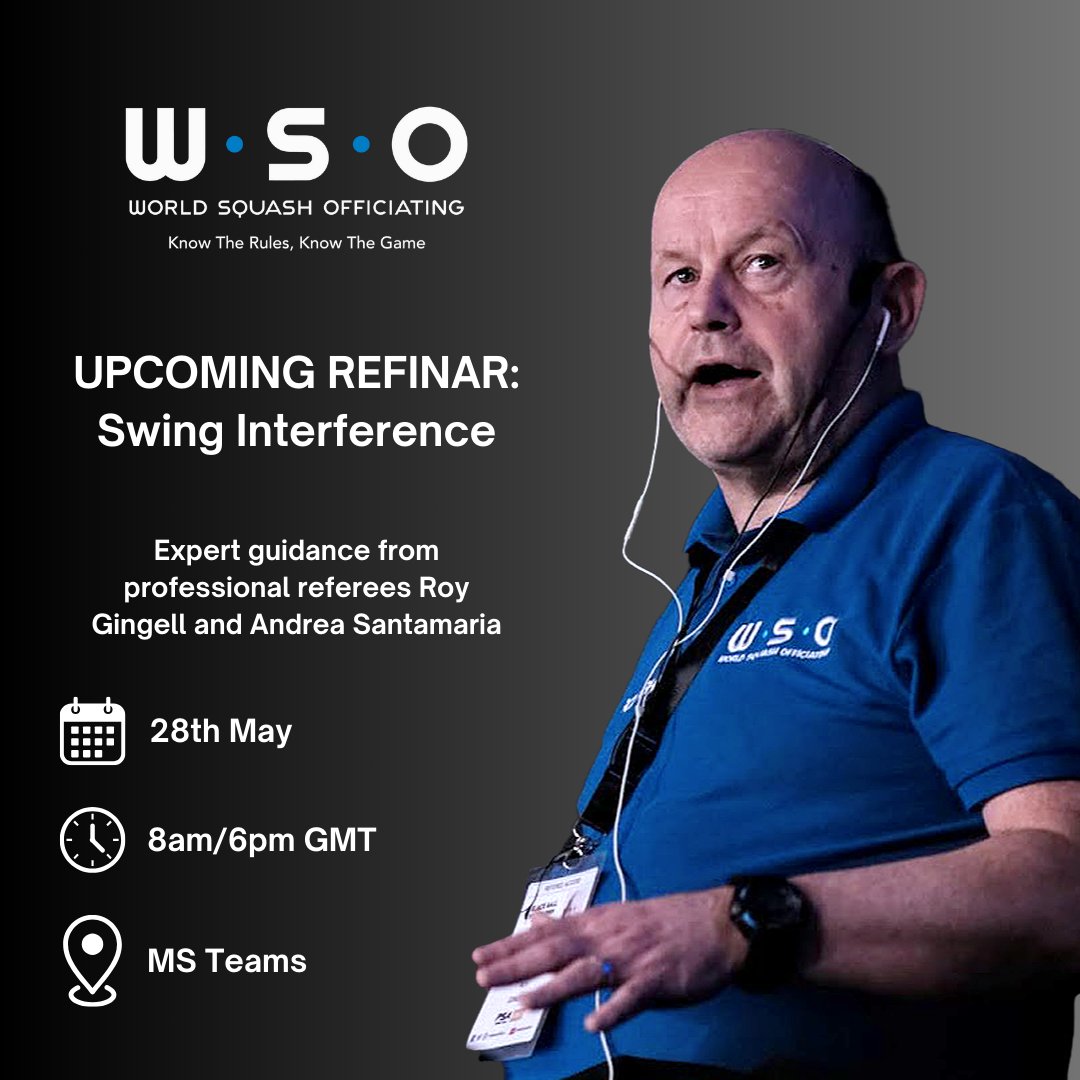 What is 𝙨𝙬𝙞𝙣𝙜 𝙞𝙣𝙩𝙚𝙧𝙛𝙚𝙧𝙚𝙣𝙘𝙚 and how is it refereed? 🤔 Improve your knowledge of the game with an expert webinar, delivered by professional referees Roy Gingell and Andrea Santamaria ⬇️ worldsquashofficiating.com/wso-refinar-re…