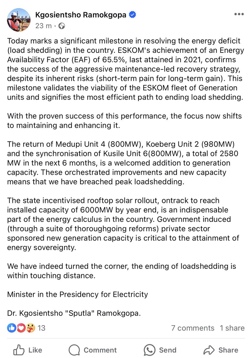 We have indeed turned the corner, the ending of loadshedding is within touching distance.