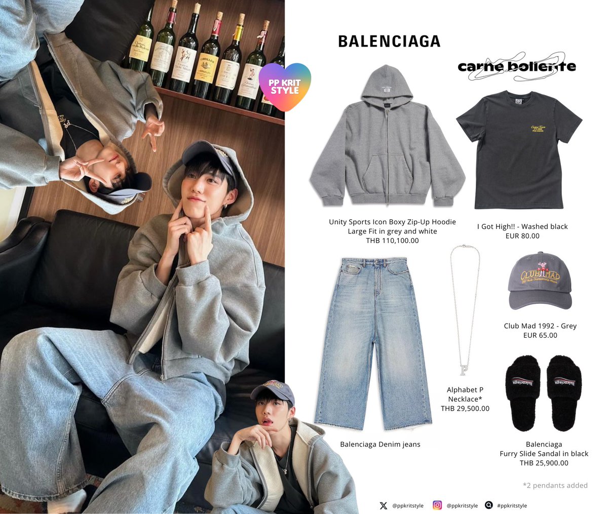 PP KRIT STYLE : Instagram Update 🙈

#Balenciaga Unity Sports Icon Boxy Zip-Up Hoodie Large Fit, Alphabet P Necklace, Furry Slide Sandal and Denim Jeans 
#CarneBollente I Got High!! - Washed black and Club Mad 1992 - Grey

#ppkritt #ppkritstyle