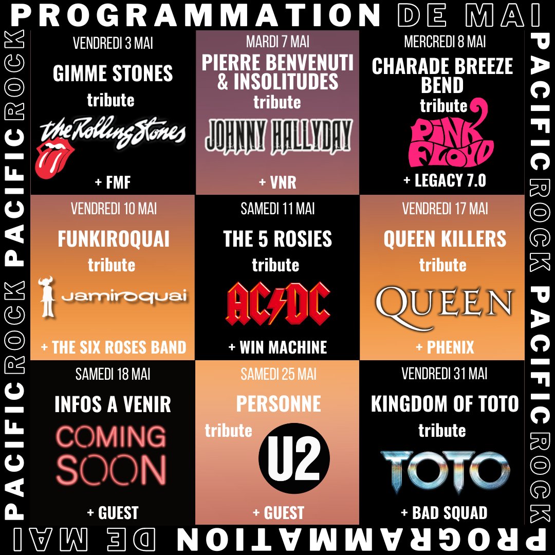 En mai au Pacific Rock 🔥

#live #concert #rock #rockband #tribute #tributeband #rollingstones #johnnyhallyday #pinkfloyd #jamiroquai #acdc #queen #u2 #toto #cergy #cergypontoise #valdoise