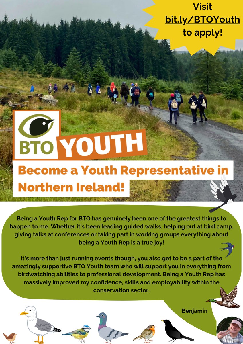 There are only a few days left to apply for the position of Youth Rep in NI! This is a fantastic opportunity for you to inspire others while developing your own skills with the support of the BTO team, it's well worth getting involved! Visit bit.ly/BTOYouth for more info