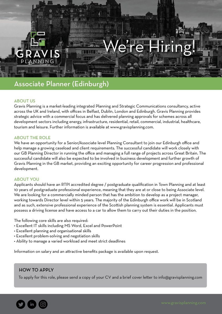 We're hiring! 👇 We're looking for an Associate Planner to join us in our Edinburgh office. You can apply by sending a copy of your CV and a brief cover letter to info@gravisplanning.com, or share this with someone you know who may be interested in this exciting role.