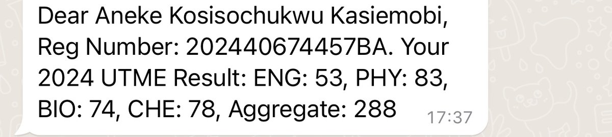 I just got sent this result and it gladdens my heart. This boy’s result is so special to me. He left school 2 years ago and didn’t see any need writing JAMB because no one could fund his education. He went into plumbing and totally abandoned formal education. It took us a lot of