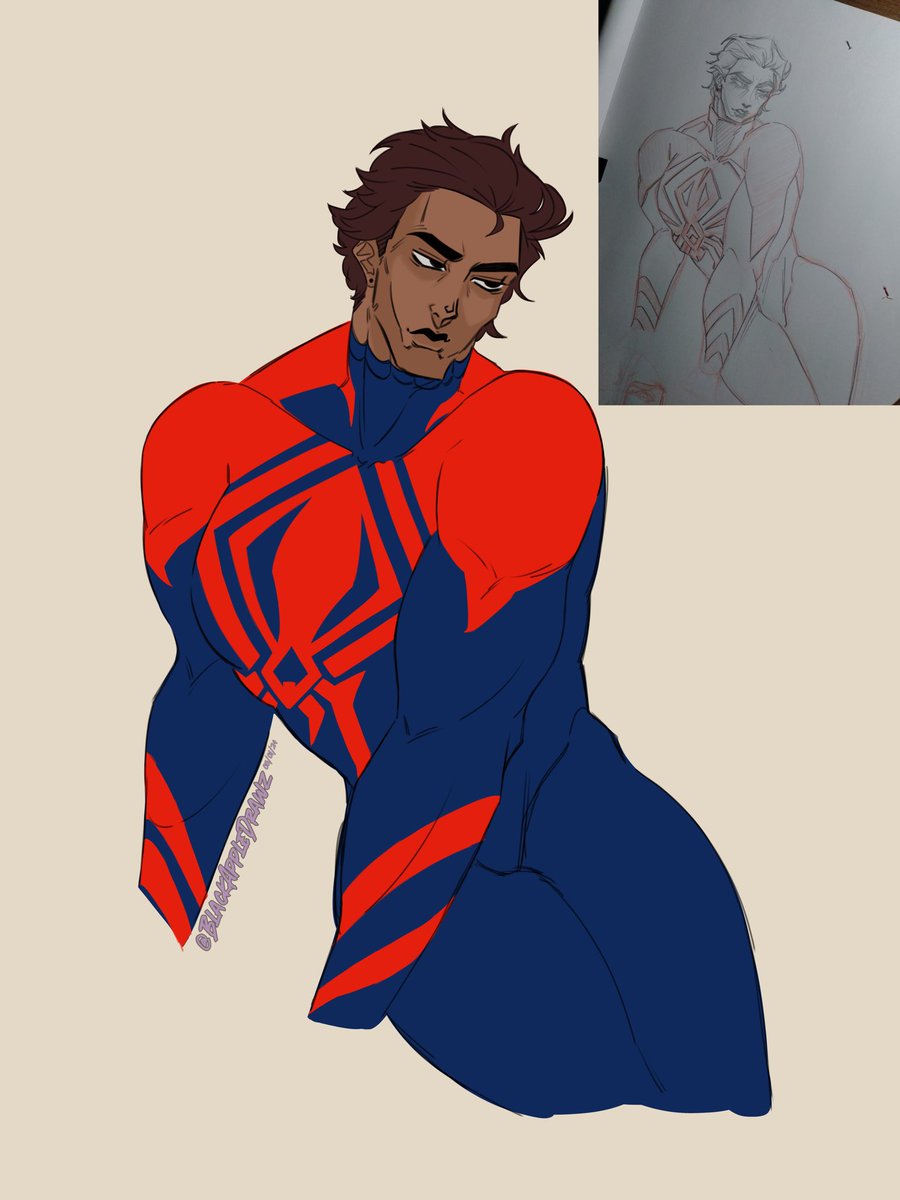 Yaayyy its da first of da month!! >:D and dropping off a redraw of my man😔

Sorry got lazy and didn’t render the hair and suit😭😭
#MiguelOHara #migueloharafanart #SpiderMan2099 #ATSV