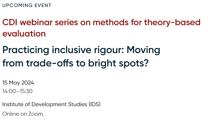 💡How do we ensure meaningful participation and causal inference are mutually reinforcing? The Centre for Development Impact and @IDS_UK discuss making space for stakeholders experiences while practicing methodological fidelity. Free registration 👉 shorturl.at/hwxET