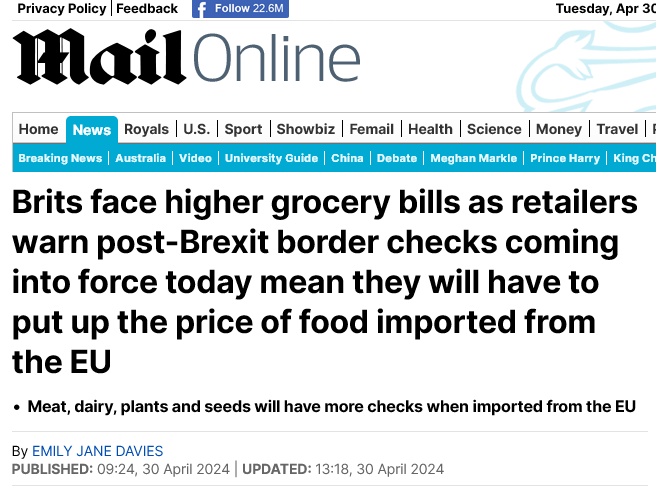 Yesterday, Brexit incoming border checks came in. Even the Daily Mail understands the consequences. So how many times did Starmer bring it up at #PMQs ? 6 times? No. 5 times? No. 4 times? No. 3 times? No. 2 times? No. 1 time? You must be joking! He didn't even mention it.