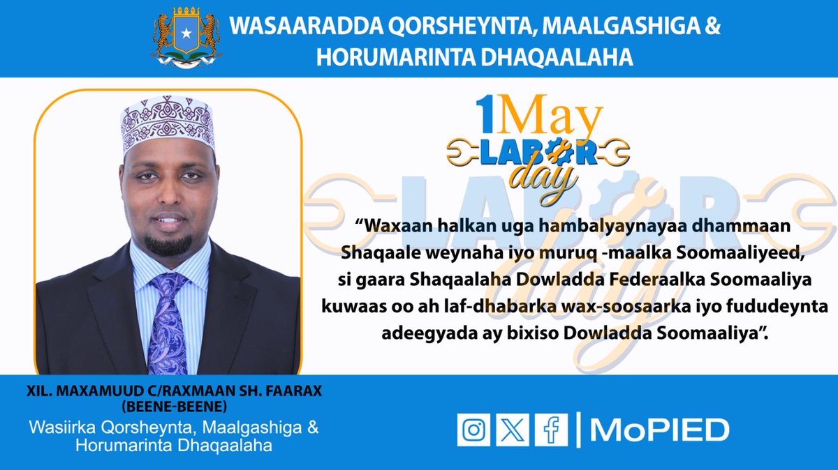 Waxaan halkan uga hanbalyaynayaa dhammaan Shaqaale weynaha iyo muruq -maalka Soomaaliyeed, si gaara Shaqaalaha Dowladda Federaalka Soomaaliya kuwaasoo ah laf-dhabarka wax-soosaarka iyo fududeynta adeegyada ay bixiso Dowladda Soomaaliya.