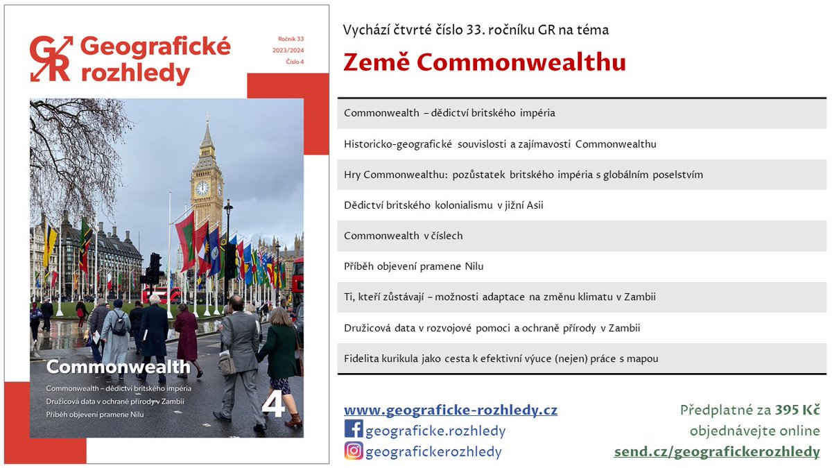 Právě vyšlo čtvrté číslo 33. ročníku časopisu Geografické rozhledy na téma Země Commonwealthu.
🔗geograficke-rozhledy.cz/archiv/170

#geografickerozhledy #geography #education #Commonwealth #Commonwealthofnations #BritishEmpire #CommonwealthGames #colonialism #Nileriver #Zambia #map