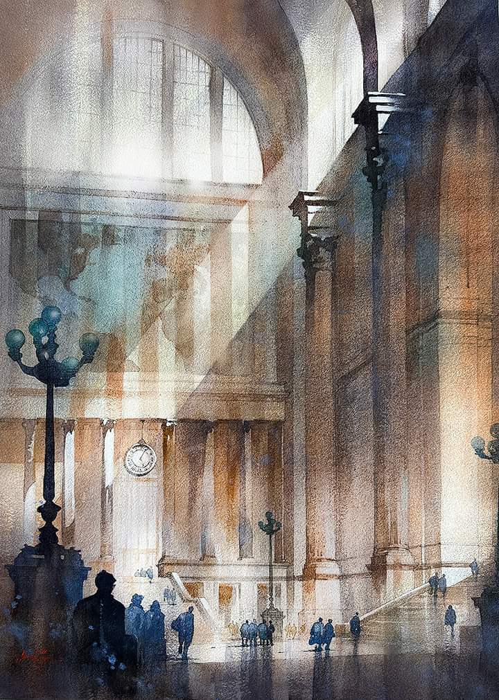 The Present's Past 
Watercolor on Baohong
30x22 Inches 
William SCHALLER 
#art #architecture #watercolorpainting #drawing #imagination #memory #NYC #pennstation