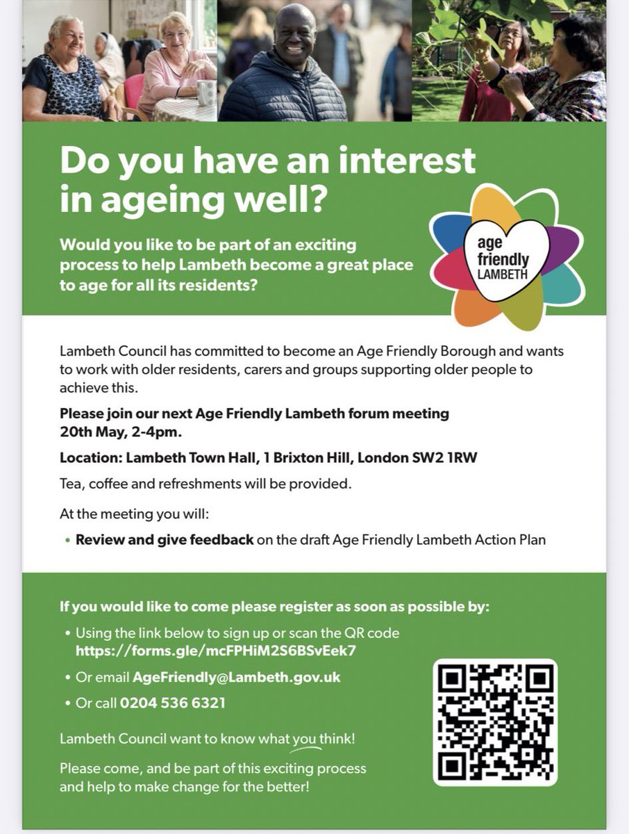 Exciting news! Lambeth Council determined to make Lambeth an Age-Friendly Borough. Want to be part of it? Join the effort to make Lambeth a great place to age for everyone! Check flyers for online meetings and face-to-face events. #AgeFriendly #Lambeth 🌟