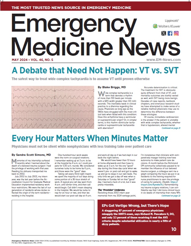 Our May issue is out! Enjoy articles by @Rick_Pescatore @blakebriggsMD @matt_bivens @edwin_leap @ERGoddessMD @3rdRockUS @writergina @brandtwriting @AI_in_EM, Mark Mosley, MD; and Kruti Shukla, MD, at EM-News.com #FOAMed