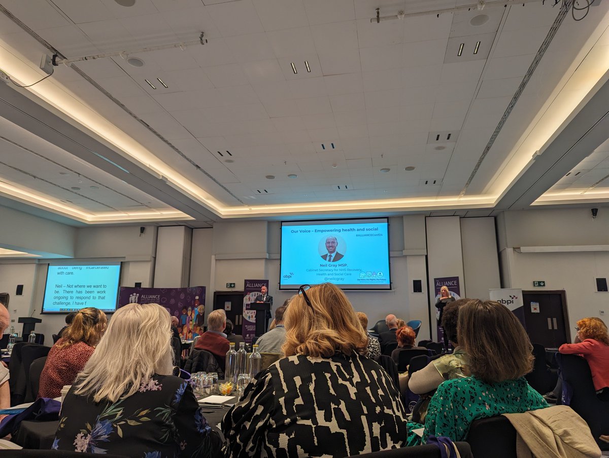 Delighted to be attending the @ALLIANCEScot Annual Conference on Our Voice, Our Rights, Our Future in Glasgow. An interesting day so far hearing from @neilcgray recognise the importance of the role of the third sector in health and social care. #ALLIANCEConf24