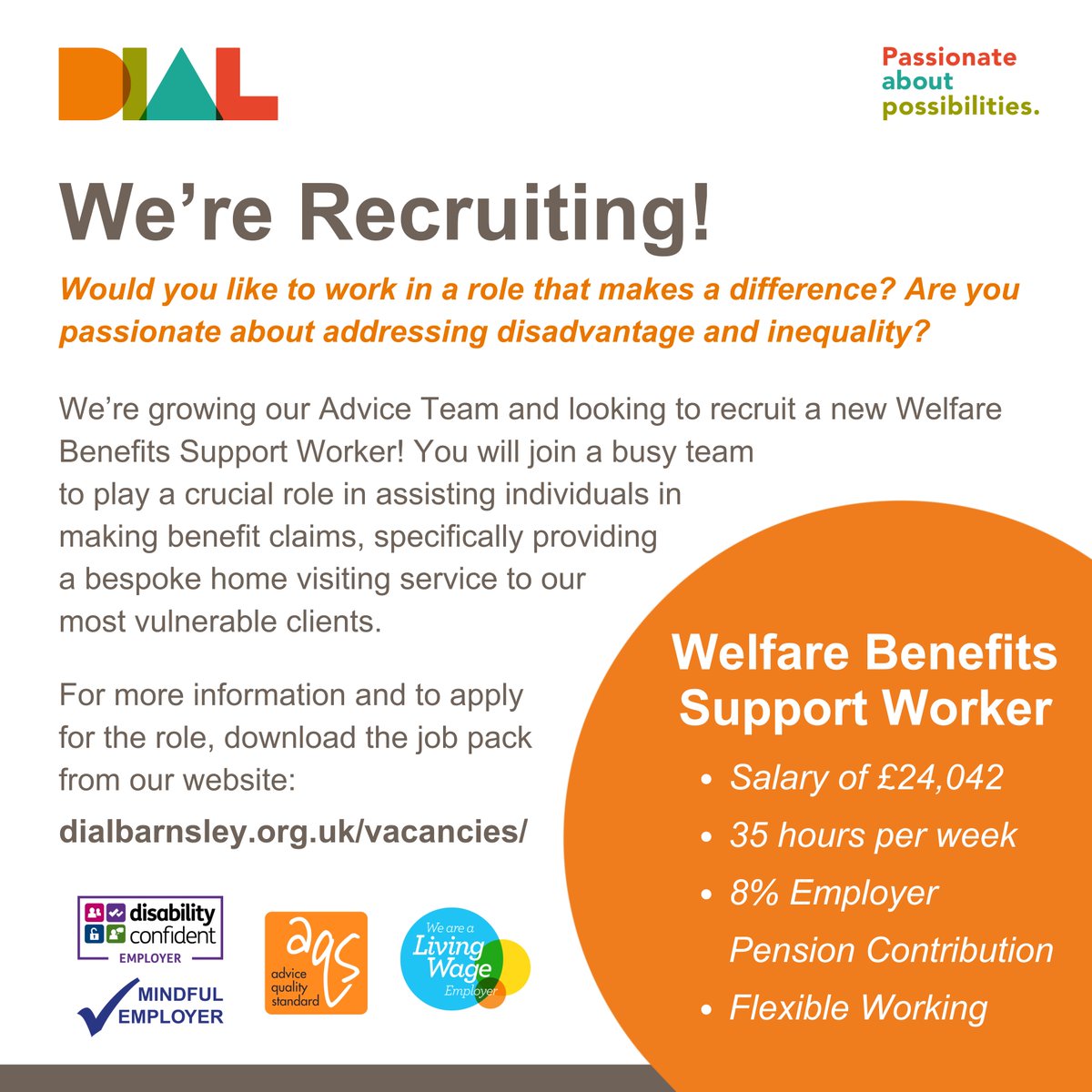 We're recruiting! Would you like to join our team?👋 Closing Date: 12pm Thursday 30th May Interviews: Monday 13th June For more information and to apply, download the job pack from our website ➡️ dialbarnsley.org.uk/vacancies/ #PassionateAboutPossibilities #BarnsleyIsBrill