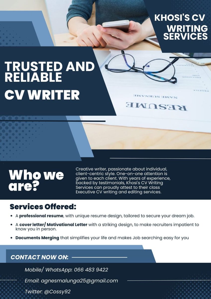 We are here to Assist you with your professional CV for more information WhatsApp 066 483 9422 or DM @Cossy92
#JobSeekersSA