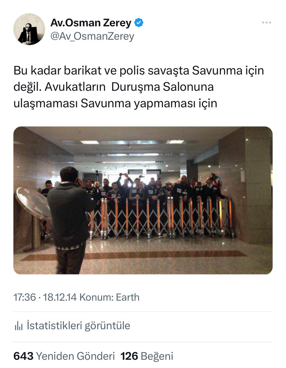 Bu Barikatın iznini, 2014’te Adliyelerde Avukatlara Barikat kurulurken, SESSİZ kalarak tüm toplum verdi. Anayasaya darbe, 17 Aralık 2013’te AKP iktidarı, Yargıyı dağıttığı gün yapıldı.