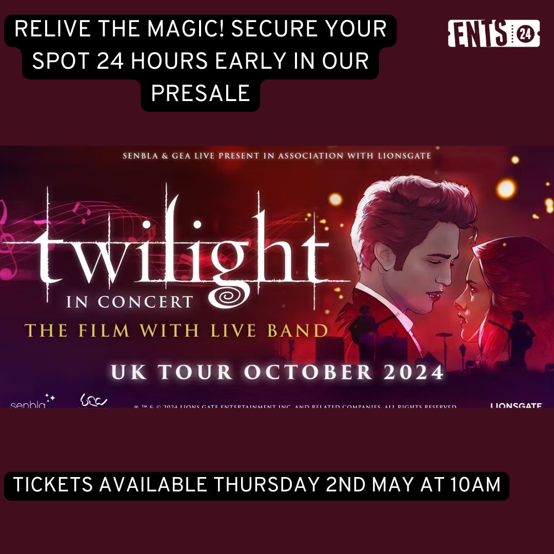 🧛‍♂️ Calling all @Twilight fans! 🌟 Get ready for an unforgettable experience as #TwilightInConcert tours the UK! 🎬 🎟️ Be the first to secure your tickets in our PRESALE, starting tomorrow (Thurs May 2nd) at 10am: 👉 ents24.com/twilight-in-co… #twilight #TwilightFans #twilightmovie