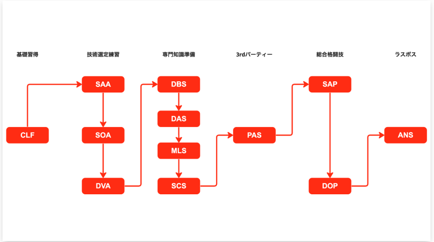 AWSの資格12種類の受験順序をまとめた記事を見つけたので共有
12冠を目指す人はこの順序で受けた方が難易度順になっているので、効率よく取得できそう。
専門性をそこまで求められない人は、CLF→SAA→SAPの順番でいいと思います。

※AWSをがっつり勉強される方はこの書籍がおススメ…