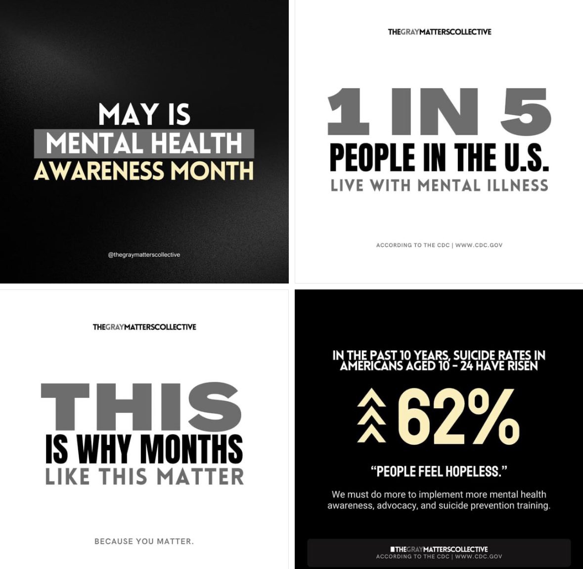 KimSell07's tweet photo. May is mental Health awareness month. If you do not have struggles with mental health, you likely have a friend, family member or co-worker who does. Taking care of our mental health is as crucial as our physical health!

Infographic credit: the gray matters collective https://t.co/11NWzn9AFi