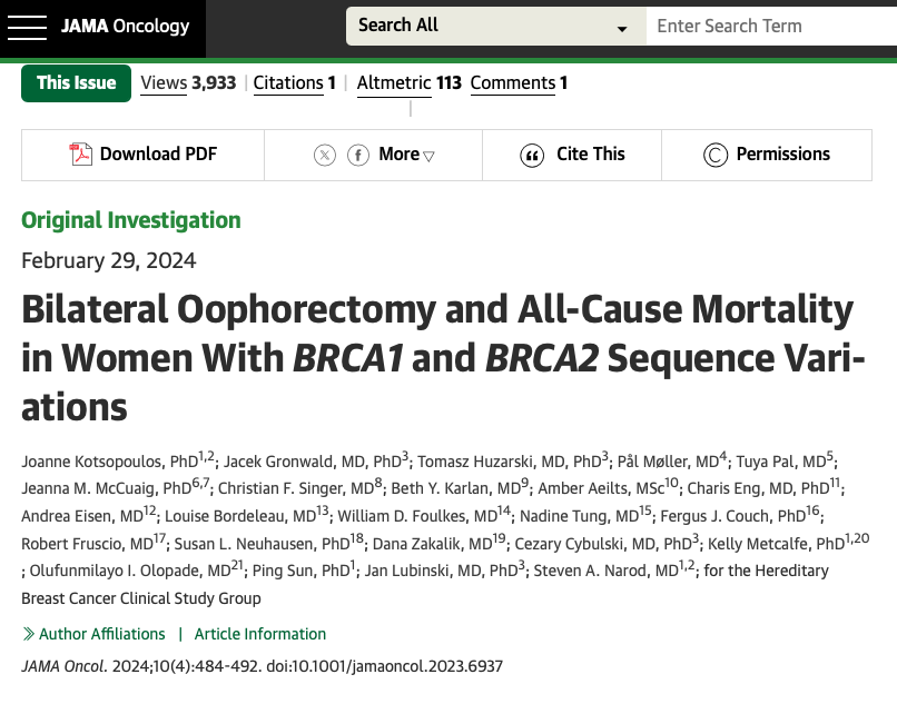 Out on @JAMAOnc 🚨 Cohort study found that bilateral oophorectomy in women with BRCA1 or BRCA2 🧬sequence variations was associated with; ➡️significant reduction📉 in all-cause mortality, underscoring the procedure's preventive benefit in this high-risk population‼️…