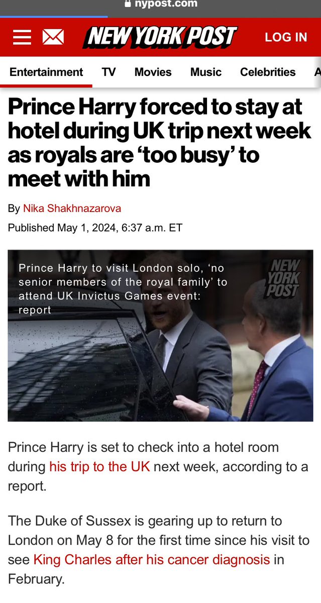 How embarassing. Nobody cares that he’ll be in town, not one person offered up a spare room. Oops-not spare, extra. #HarryandMeghan #Sparry #PrinceHarryIsALoser #HarryandMeghanRuinedInvictus #HarryIsATraitor