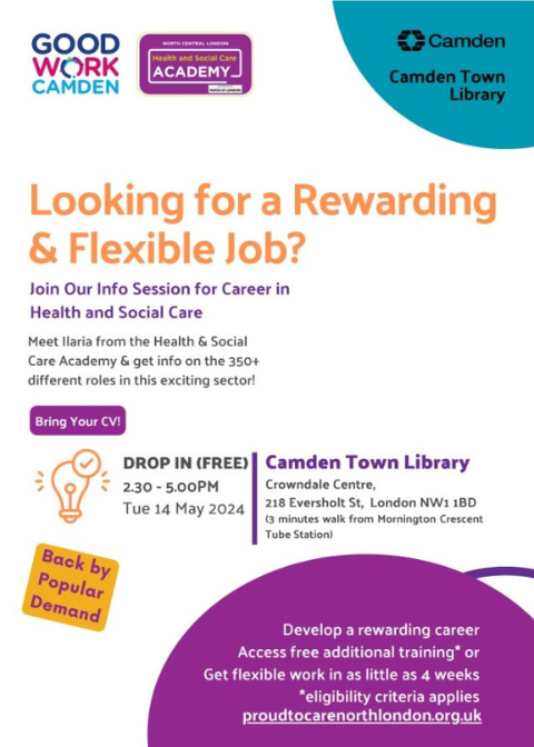 Join Ilaria from the NCL H&S Academy at Camden Town Library on the 14th of May for expert, tailored advice on entering the health and social care sector. Discover how the academy can support you every step of the way into your new role! 
🌟 #HealthCare #SocialCare #CareerAdvice