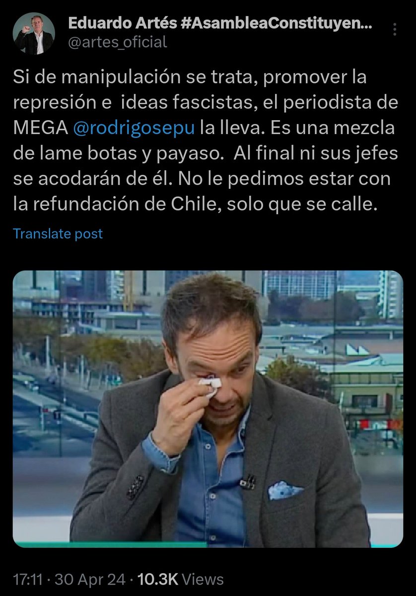 @artes_oficial Tranquilo don Artés. Aquí está su posteo, donde hace uso de su libertad de expresión para pedir que el periodista se calle. Viva la libertad ✊☭🇨🇱