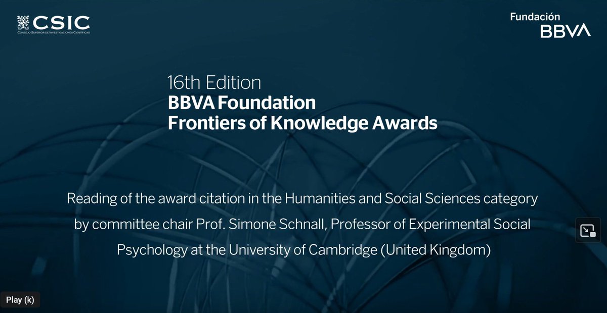 It was an honor to announce @elkeweber @PsychPrinceton as the laureate of the 16th Frontiers of Knowledge Award in Social Sciences 2024 @FundacionBBVA. See video for the committee's citation. Looking forward to the award ceremony in Bilbao in June. youtu.be/r-Bf5iBomZE?fe…