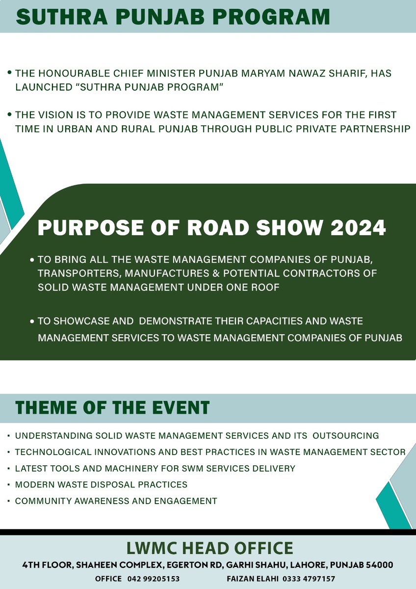 Purpose of LWMC Road Show 2024
Be a Part of this exciting opportunity to meet all stakehoslders under one roof.
@commissionerlhr @DCLahore
@GovtofPunjabPK @lgcddpunjab  @MaryamNSharif #LWMCRoadshow #SolidWasteManagement #PublicPrivatePartnership #Innovation #Sustainability