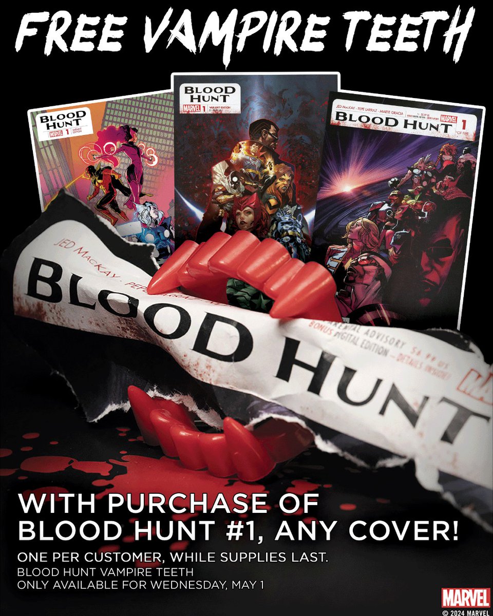 FREE VAMPIRE TEETH @ MIDTOWN COMICS! Stop by #midtowncomics today, Wed May 1 and snag some #vampire teeth with your #NewComic haul Any Blood Hunt #1 purchase comes with a pair! #Marvel #NCBD #blade #NYC