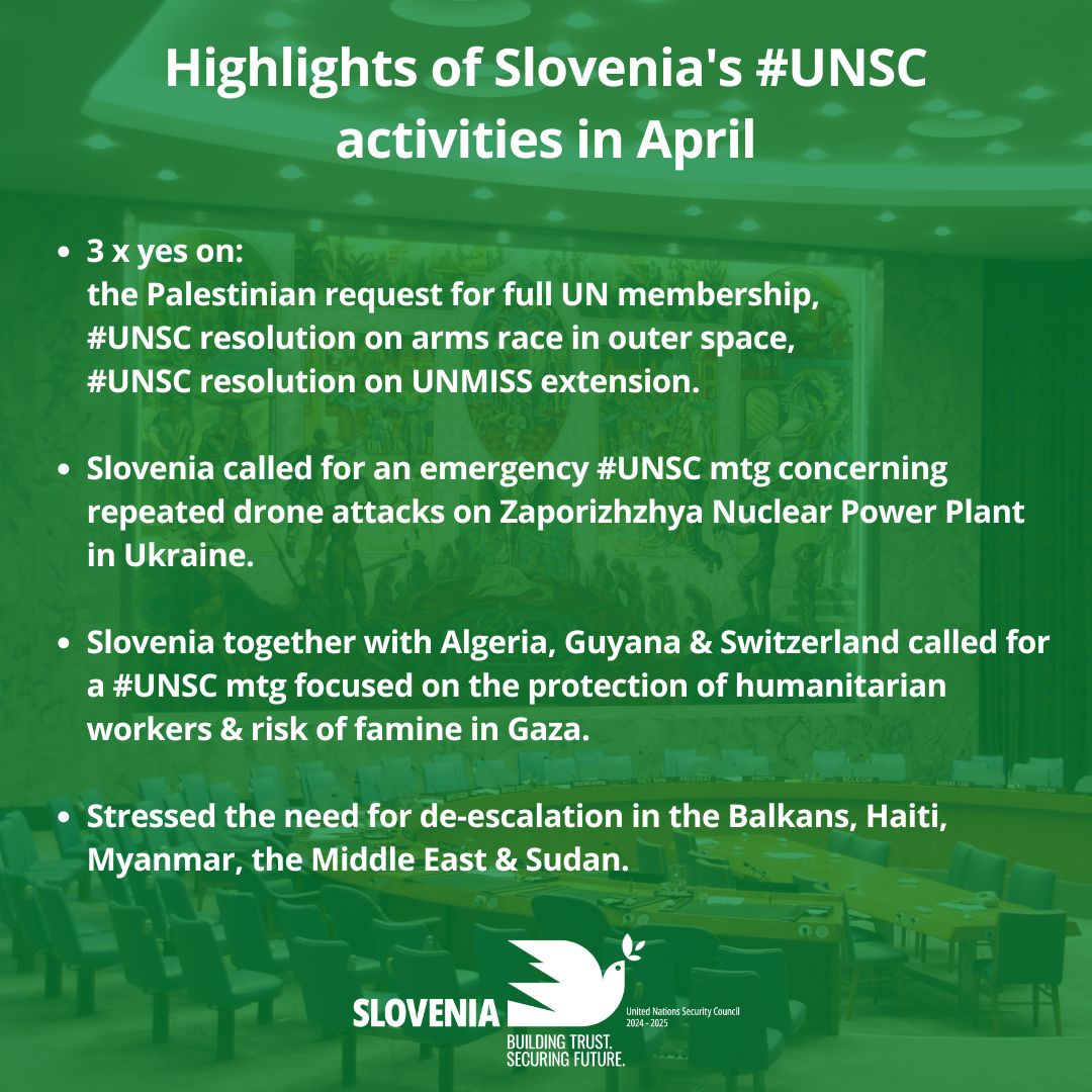April has been a very busy month at the #UNSC, including for Slovenia 🇸🇮. Explore the @SLOtoUN monthly wrap-up on buildingtrust.si/highlights-of-… for all the details, or get a snapshot with the graphic summary. We are happy to share 👇