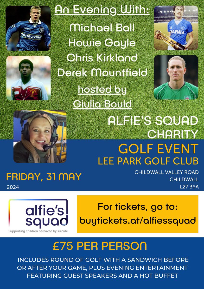 Please share with any golfers! Alfie’s Squad golf day, evening entertainment hosted by @GiuliaBould with @bally03 @ChrisKirkland43 @DegsyMount and Howie Gayle. Price includes lunch & a hot evening buffet It’s going to be a great day! For tickets, go to buytickets.at/alfiessquad