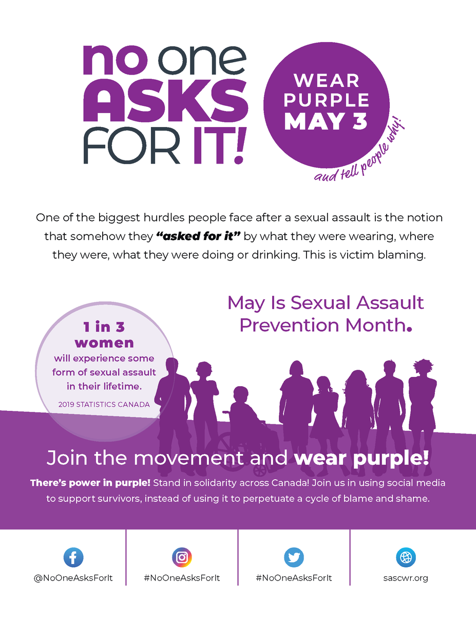 Sexual Violence Prevention Month is here; let's kick it off by standing in solidarity with survivors! Wear purple this Friday to support our #NoOneAsksForIt campaign. Together, we can raise awareness, support survivors, and work towards a world free from gender-based violence 💜