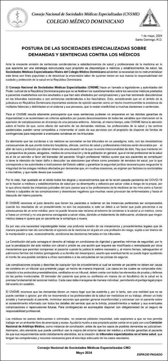 Posición del CNSME ante los procesos de Demandas Médicas.