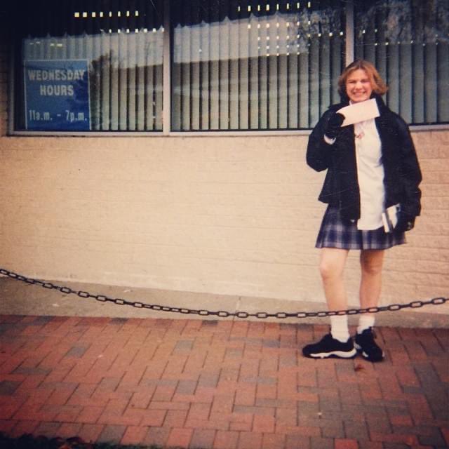 This is me at 15 getting my driver’s permit. I went to Catholic school from K-12. I was already an out lesbian at this point , as I’m defiantly wearing rainbow rings with my school uniform. This 15 year old had already been through gay conversion therapy. I knew back then…