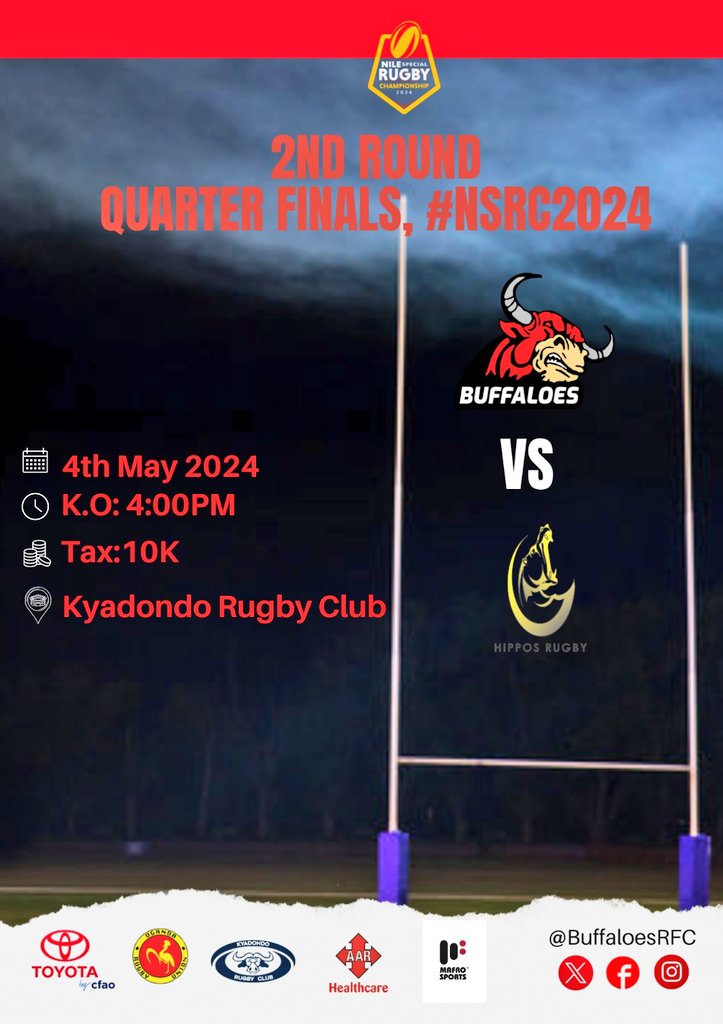 Lasses and Lads #NSRC2024 quarter final return leg is set. Can the @HipposRugby do it again away, because #ToyotaBuffaloes sure will #RaiseYourGame 🏉🔥 🗓️4th May 2024 ⏰4:00PM 🏟️ @KyadondoClub Tax: 10KUGx #BuffaloSoldiers #HarderStrongerForLonger #OneTeamOneSpiritOneWin