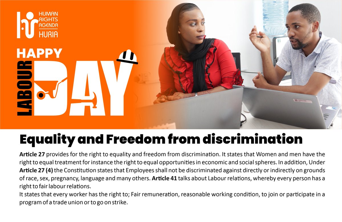 EQUALITY & FREEDOM FROM DISCRIMINATION Women and men have the right to equal treatment, including the right to equal opportunities in political, economic, cultural, and social spheres. #CoK2010 Article 27 (3) #sdg5genderequality #LabourDay2024 #HappyLabourDay #LabourDay2024