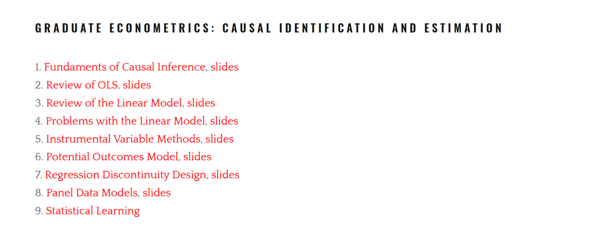 Hi #EconTwitter! 📈

Interested in the #econometrics of causal inference, and looking for some material at the graduate level?

@carolcaetanoUGA (@universityofga) has some very nice lecture notes and slides, covering the basics of:

(i) Linear Models, 
(ii) Instrumental